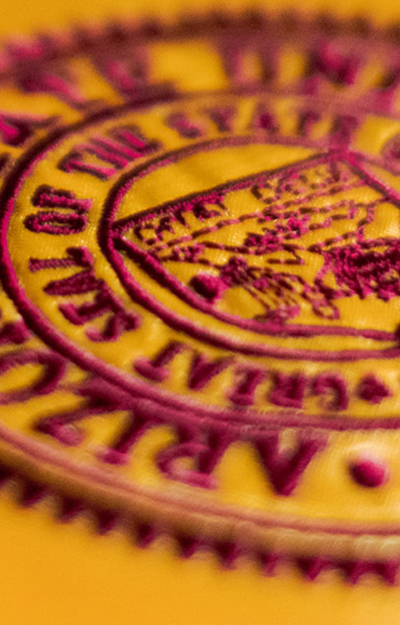A close-up of an embossed Arizona state seal, likely from a diploma cover, with deep maroon detailing on a gold background symbolizing academic achievement.